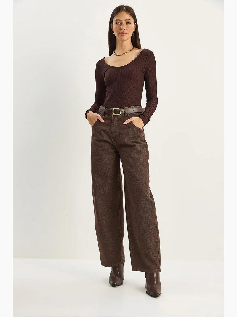 Baggy denim broek met hoge taille lucci Chocoladebruin - Kiabi