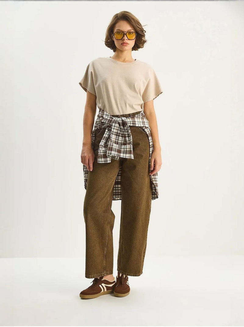 Baggy denim broek met hoge taille lucci Chocoladebruin - Kiabi