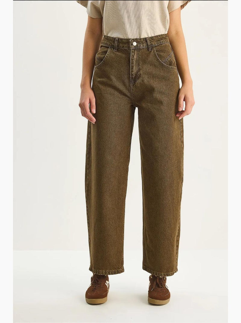 Baggy denim broek met hoge taille lucci Chocoladebruin - Kiabi