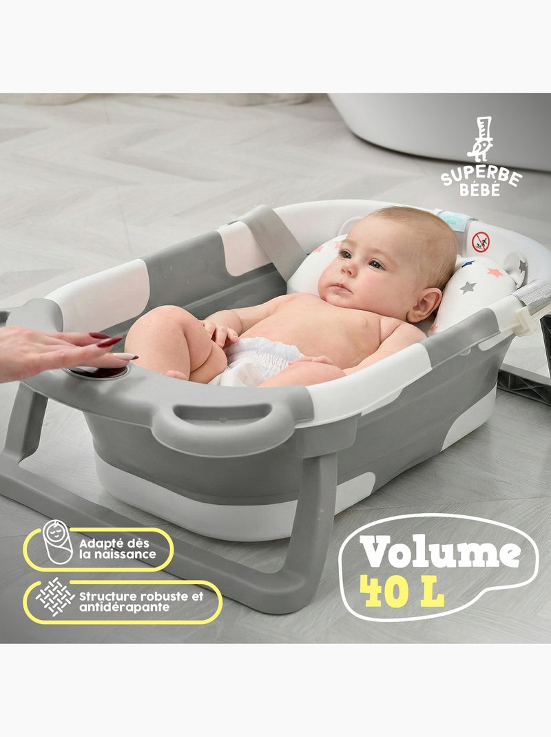 Baignoire bébé pliable - Thermomètre et coussin inclus - BEAR | SUPERBE BEBE Gris - Kiabi