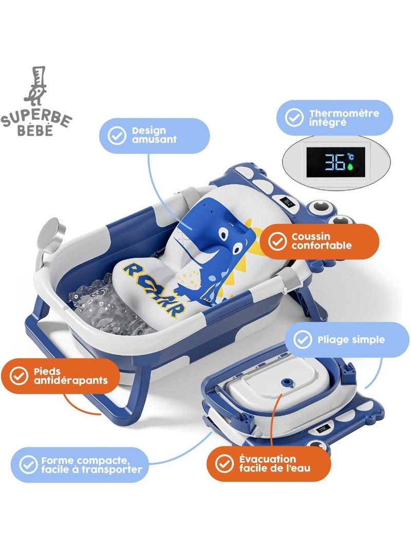 Baignoire bébé pliable - Thermomètre et coussin inclus - DINO | SUPERBE BEBE Bleu - Kiabi