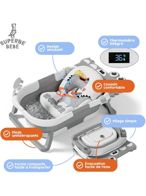 Baignoire bébé pliable - Thermomètre et coussin inclus - DINO | SUPERBE BEBE - Kiabi Baignoire bébé pliable - Thermomètre et coussin inclus - DINO | SUPERBE BEBE - Kiabi