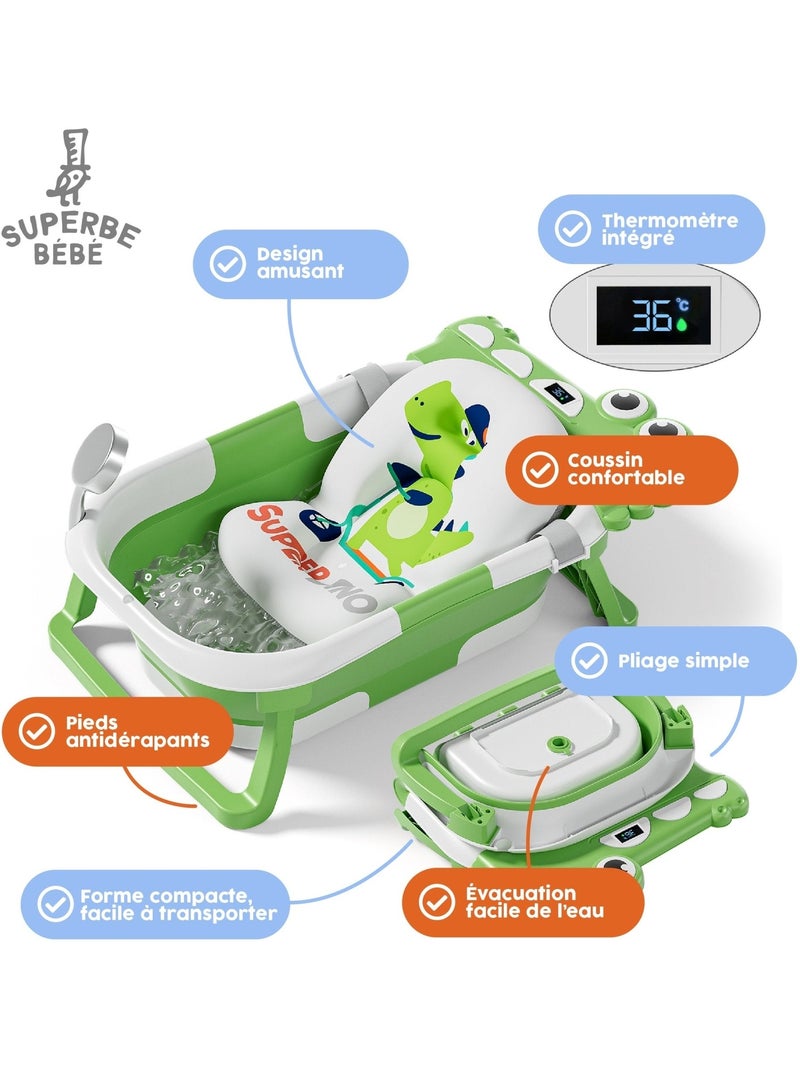 Baignoire bébé pliable - Thermomètre et coussin inclus - DINO | SUPERBE BEBE Vert clair - Kiabi