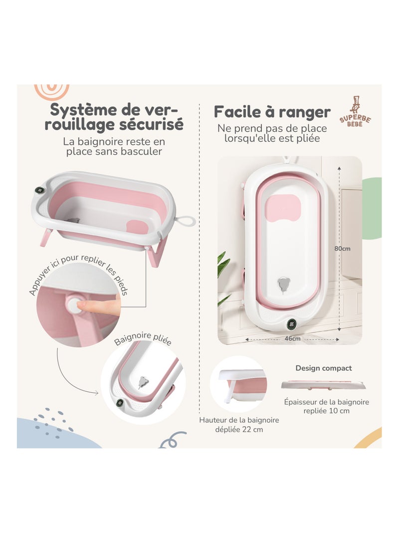 Baignoire bébé pliable - Thermomètre et coussin inclus | SUPERBE BEBE Blanc Rose - Kiabi