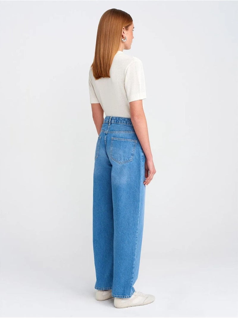 Ballonjeans met hoge taille en wijde pijp dilvin Saffierblauw - Kiabi