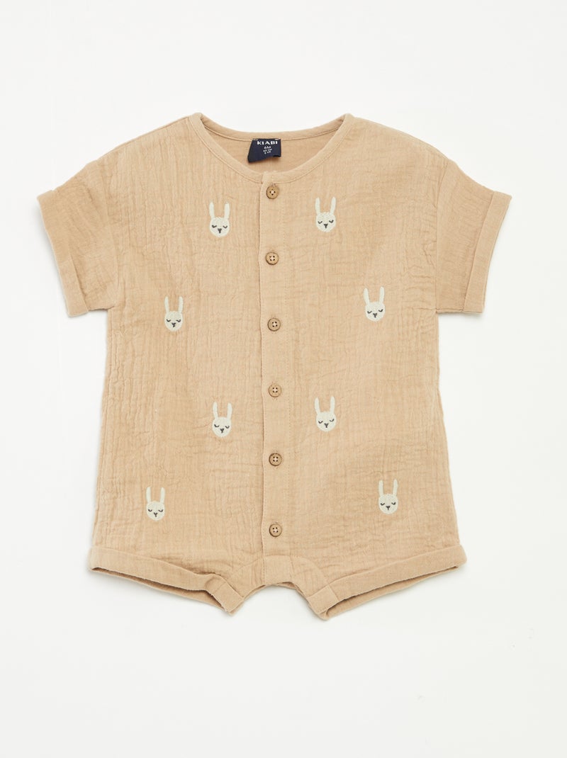 Barboteuse courte en gaze de coton avec broderies fantaisies Beige - Kiabi