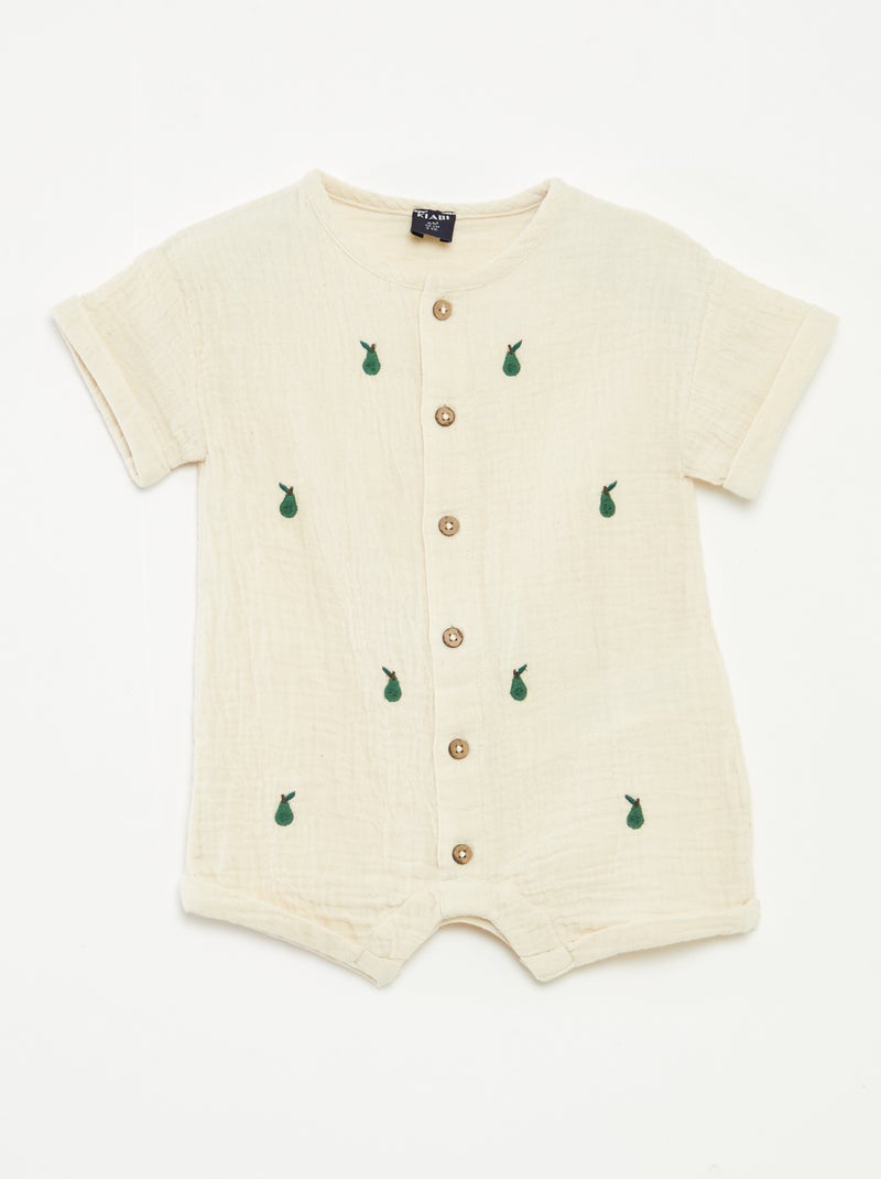 Barboteuse courte en gaze de coton avec broderies fantaisies Blanc - Kiabi