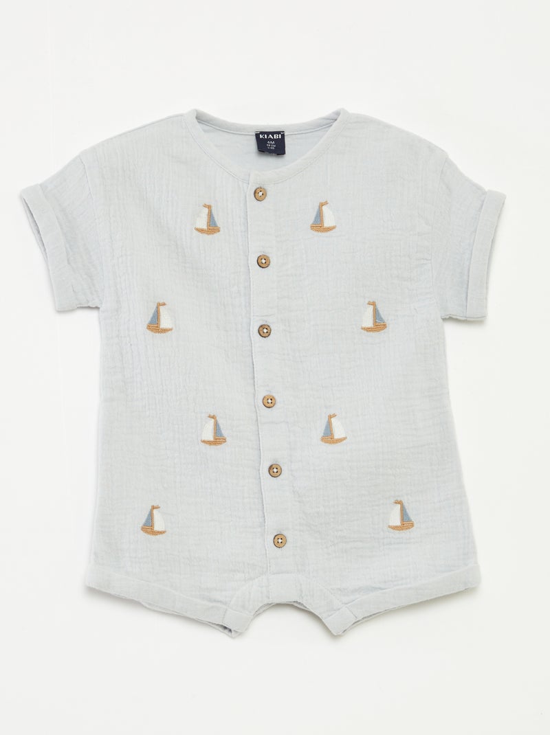 Barboteuse courte en gaze de coton avec broderies fantaisies Bleu - Kiabi