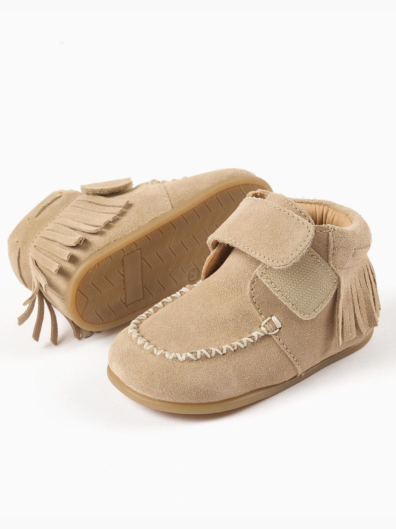 Barefoot suède franjes laarsjes met klittenbandsluiting Beige - Kiabi