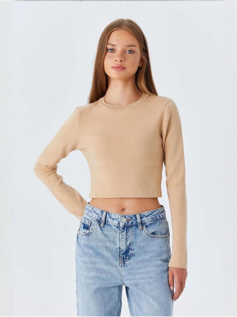 Basic cropped gebreide top met lange mouwen mixray Greige - Kiabi