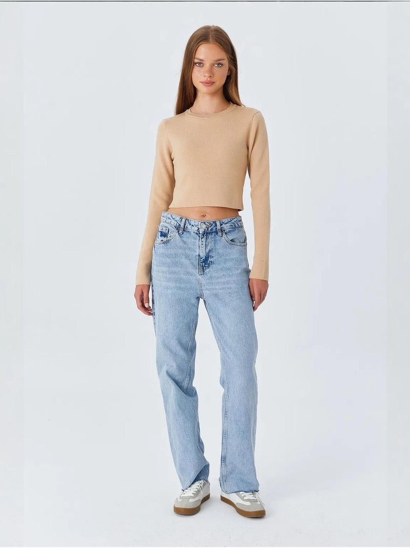 Basic cropped gebreide top met lange mouwen mixray Greige - Kiabi