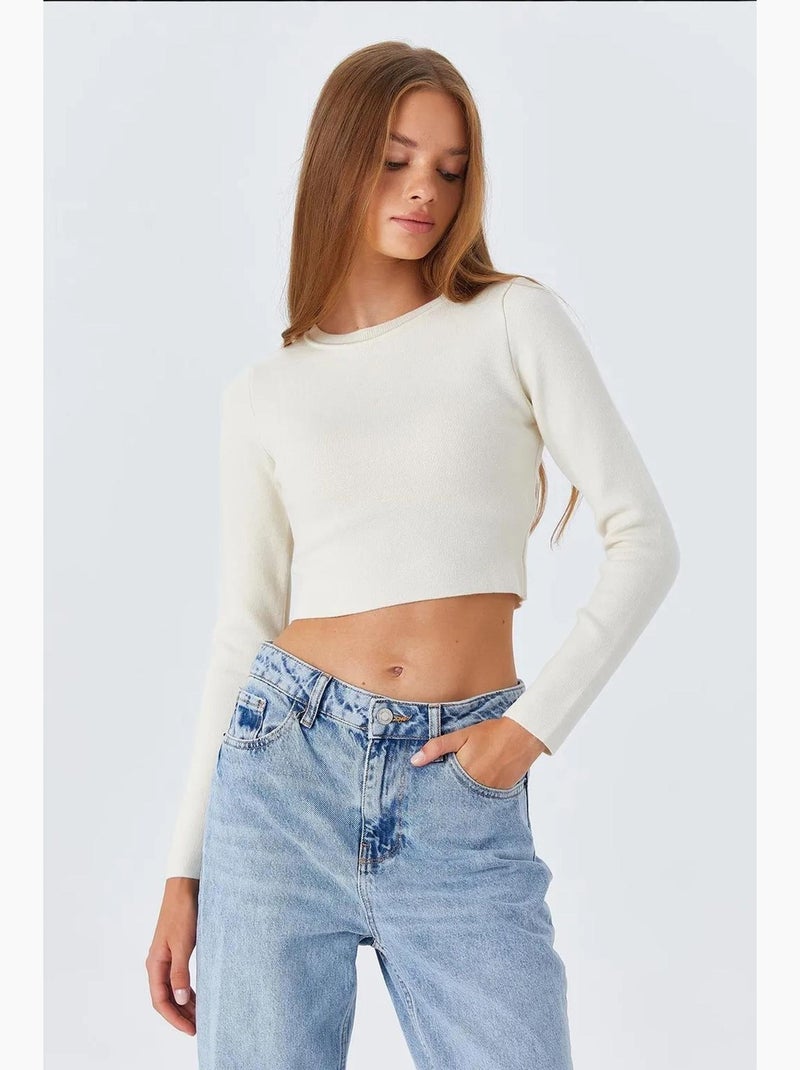 Basic cropped gebreide top met lange mouwen mixray Ivoor - Kiabi