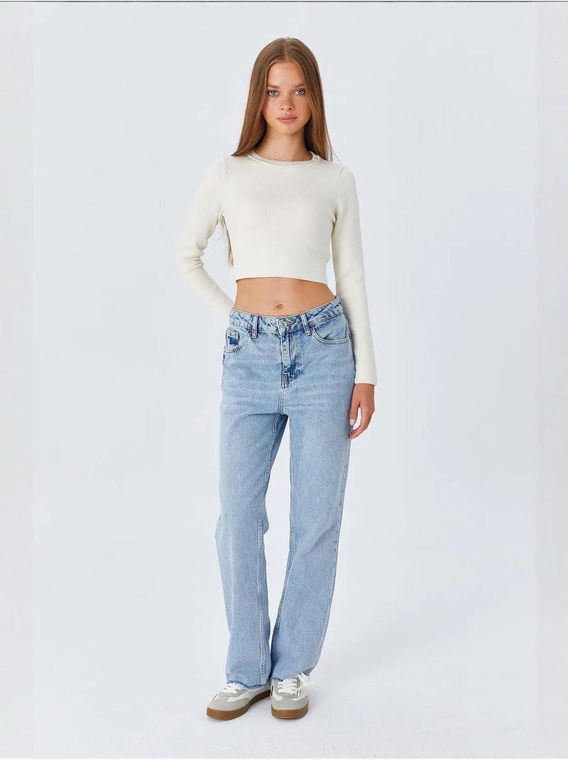 Basic cropped gebreide top met lange mouwen mixray Ivoor - Kiabi