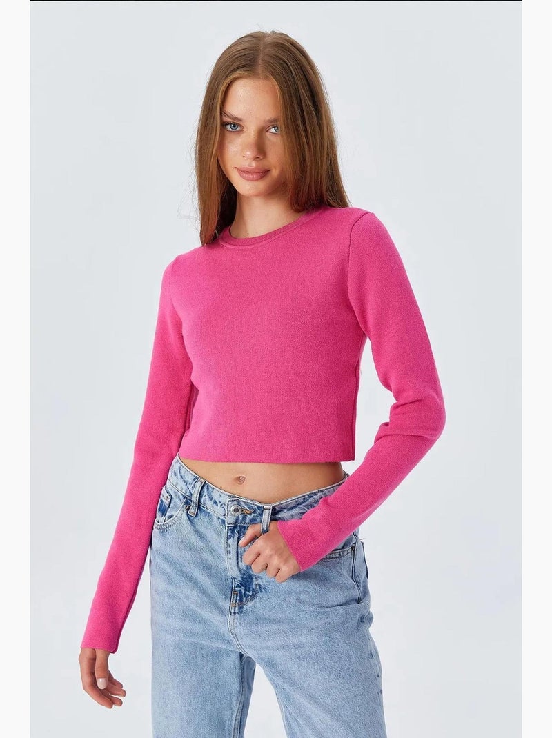 Basic cropped gebreide top met lange mouwen mixray Kers - Kiabi