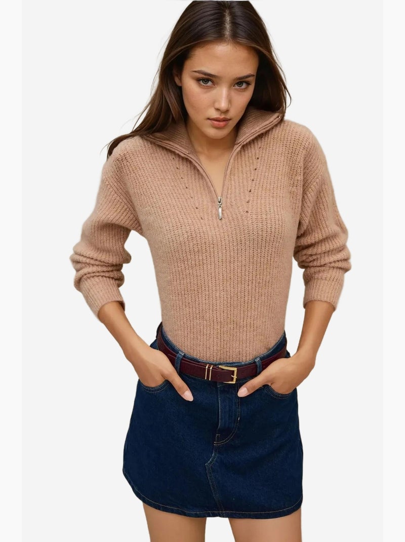 Basic gebreide trui met ritskraag hiccup Beige - Kiabi