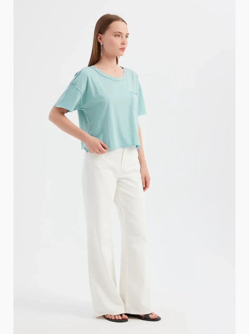 Basic geweven t-shirt met ronde hals en korte mouwen hiccup Aquablauw - Kiabi