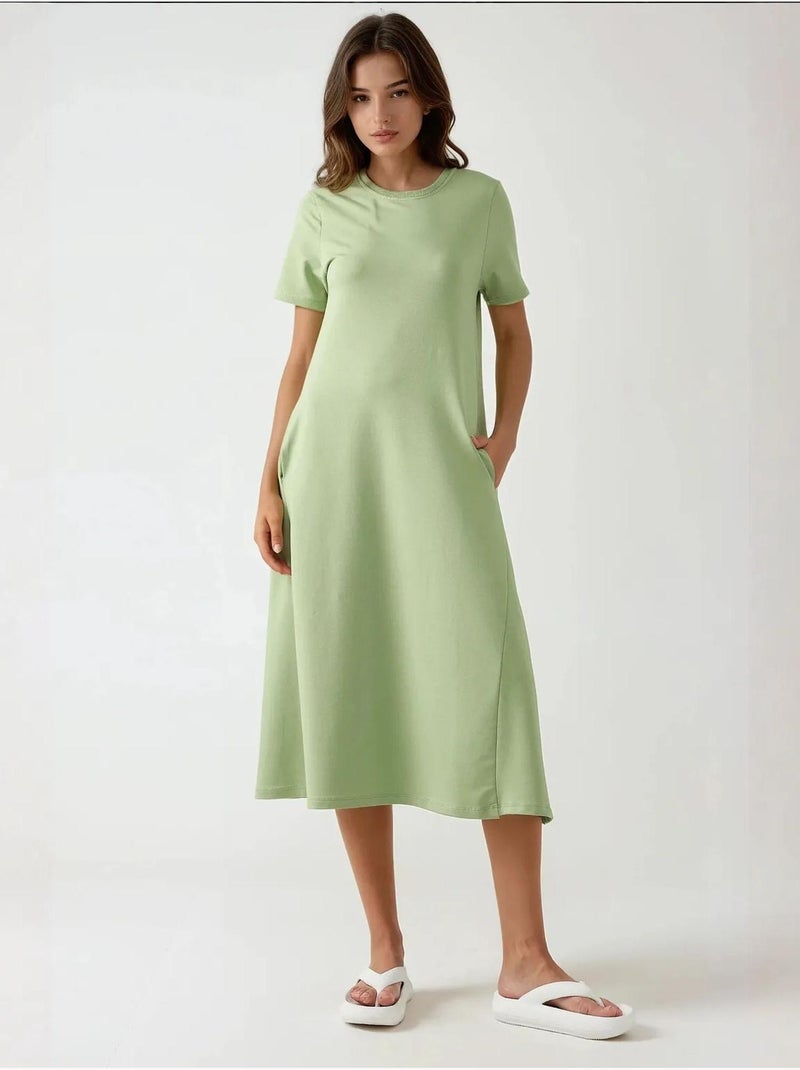 Basic midi-jurk met ronde hals en korte mouwen, hiccup Pastelgroen - Kiabi