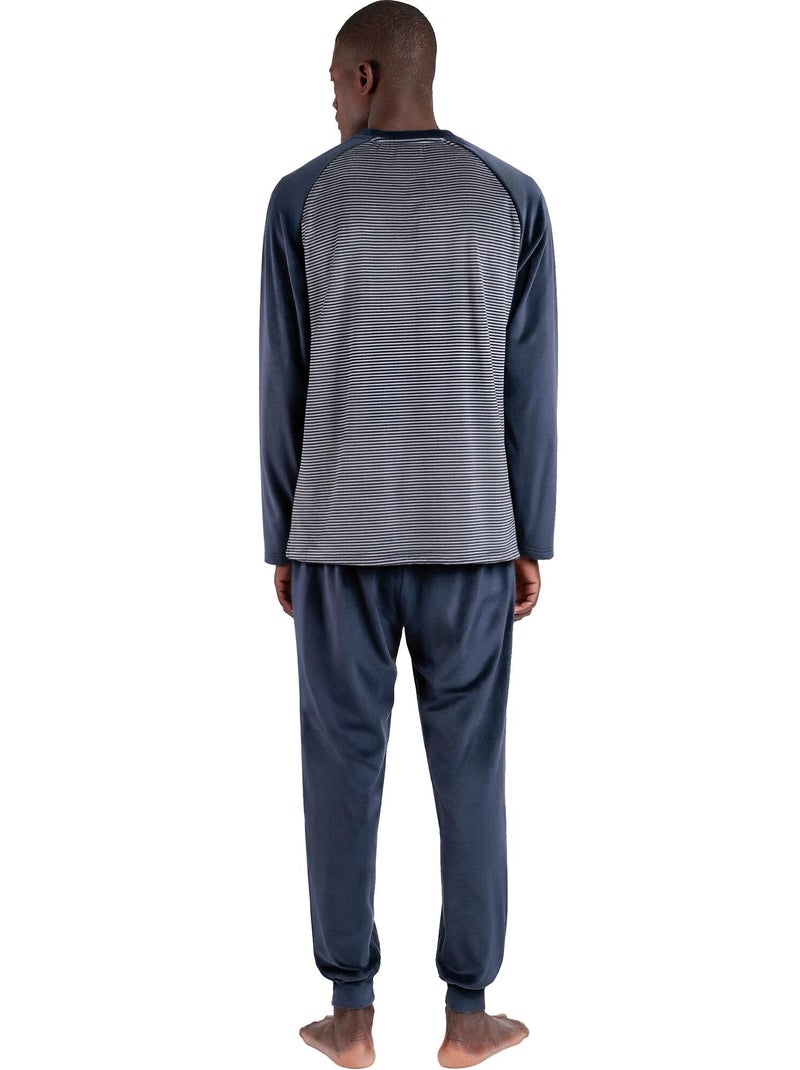 Basic pyjama fluwelen outfit broek top lange mouwen stripes Marineblauw - Kiabi