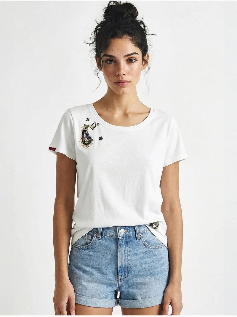 Basic t-shirt met geborduurde u-kraag lucci Wit - Kiabi