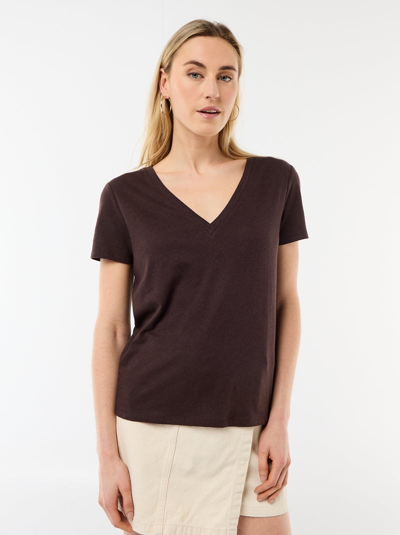Basic T-shirt met korte mouwen en V-hals Bruin - Kiabi