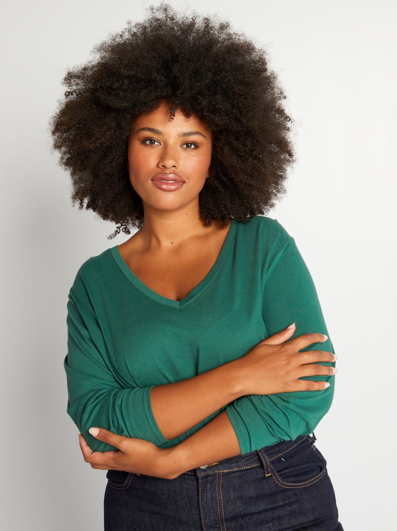 Basic T-shirt met lange mouw en V-hals GROEN - Kiabi