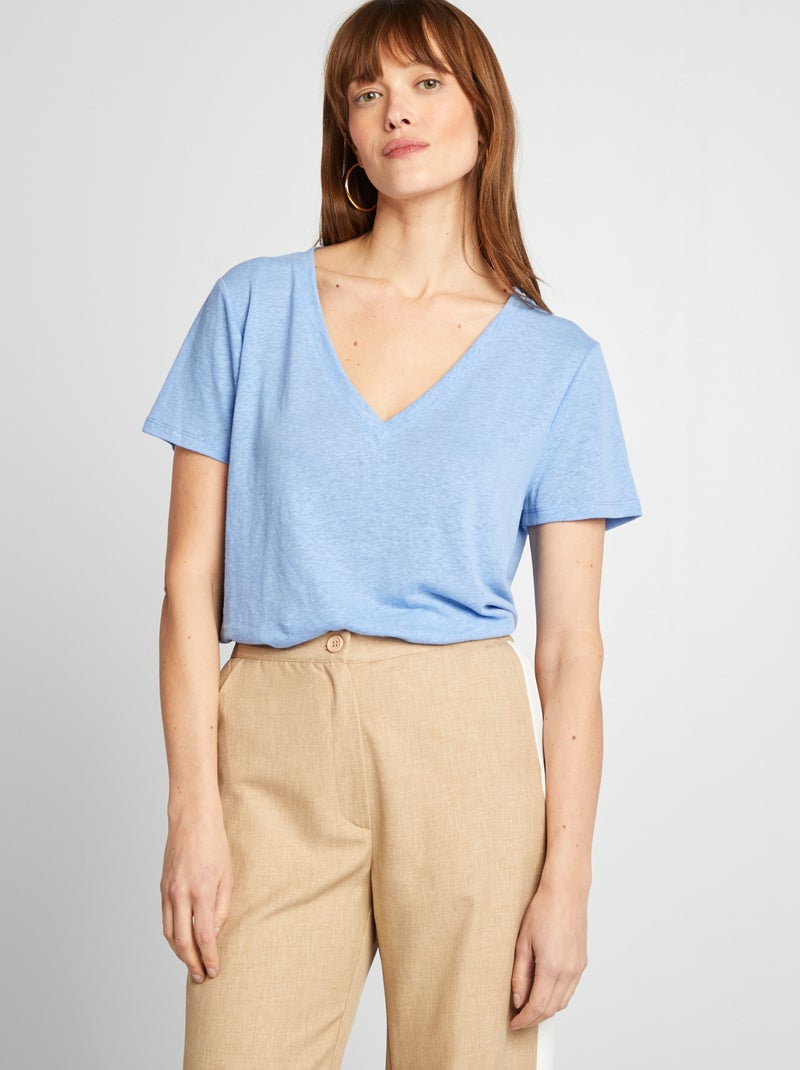 Basic T-shirt van linnenmix met V-hals BLAUW - Kiabi