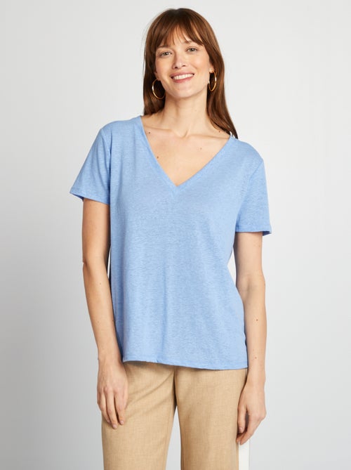 Basic T-shirt van linnenmix met V-hals - Kiabi