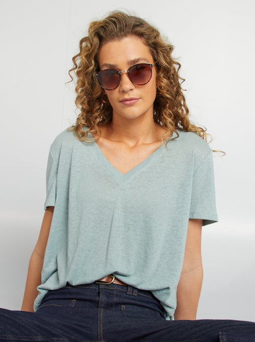 Basic T-shirt van linnenmix met V-hals - Kiabi