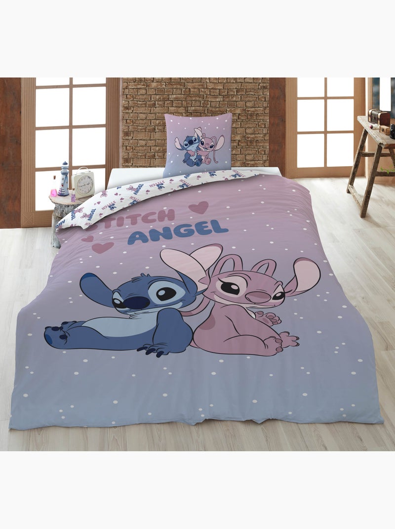 Beddengoed Stitch & Angel Disney 140x200 cm + Sloop 65x65 cm Katoenmix Omkeerbaar Beige/Roze - Kiabi