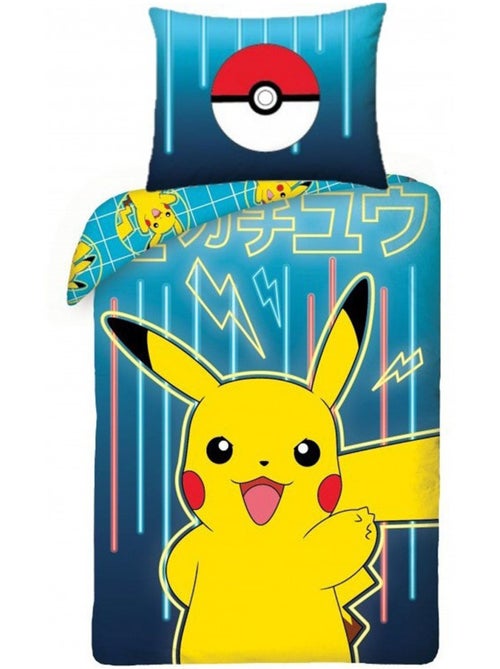Beddengoedset katoen bedrukt Pikachu Neon omkeerbaar 140x200 - Kiabi
