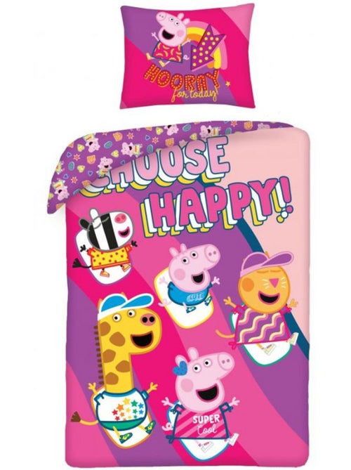 Beddengoedset Peppa Pig Happy 140x200 cm Katoen - Dekbedovertrek kinderen - Kiabi