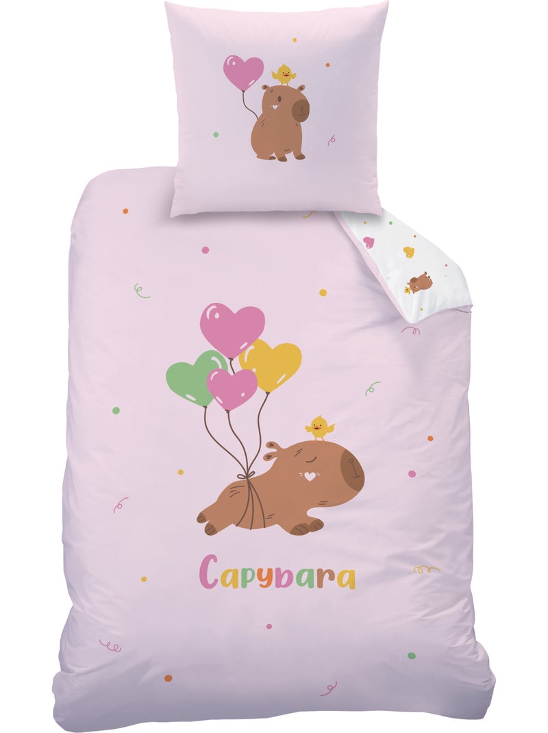 Bedlinnen set bedrukt 100% katoen, capybara Roze - Kiabi