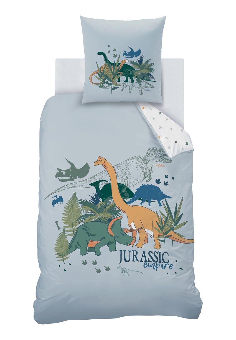 Bedlinnen set bedrukt 100% katoen, dino jungle Grijs - Kiabi