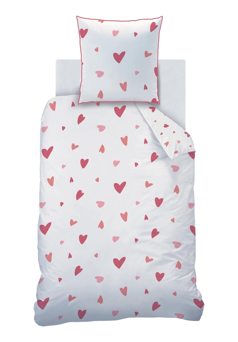 Bedlinnen set bedrukt 100% katoen, heart Wit Roze - Kiabi