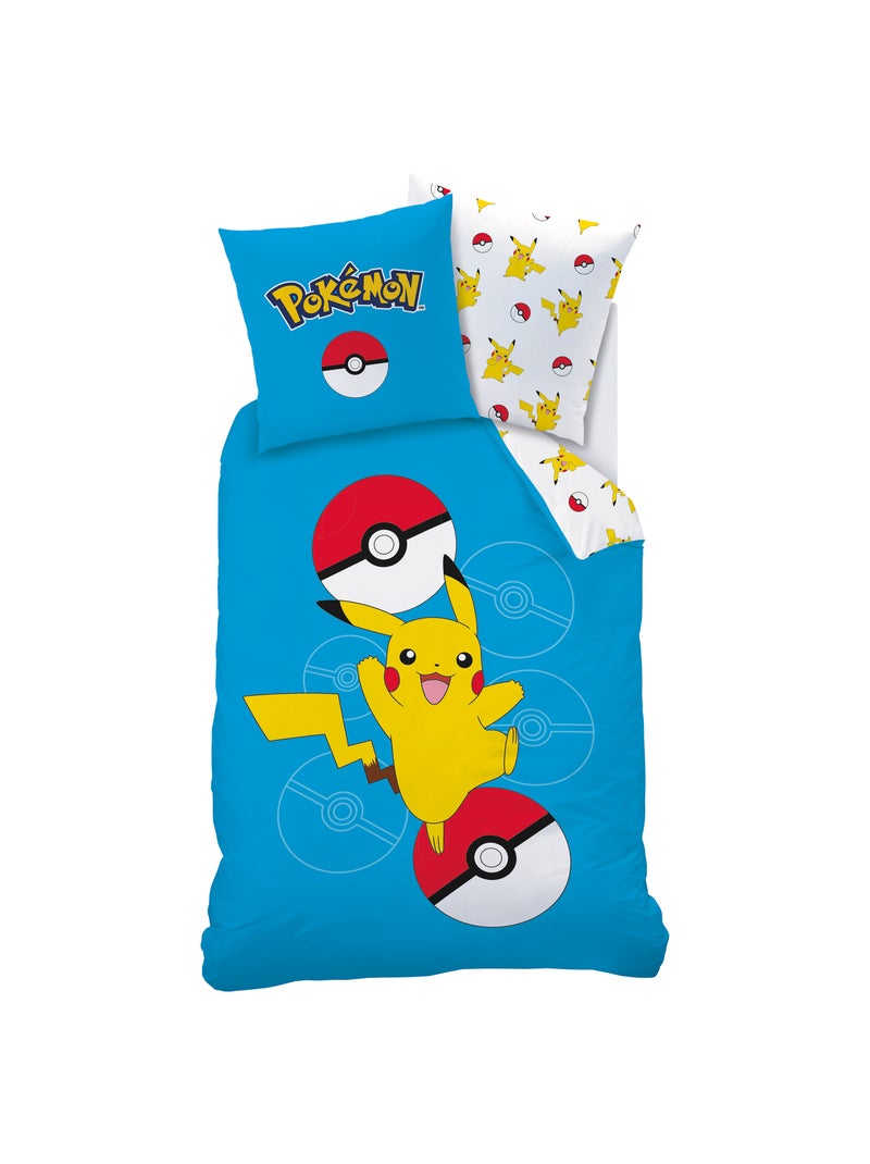 Bedlinnen set bedrukt 100% katoen, pokemon pokeball Blauw - Kiabi