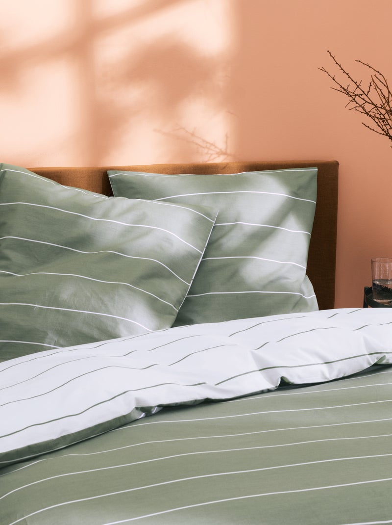 Bedlinnen set bedrukt 100% katoen, stripes Licht kakigroen - Kiabi