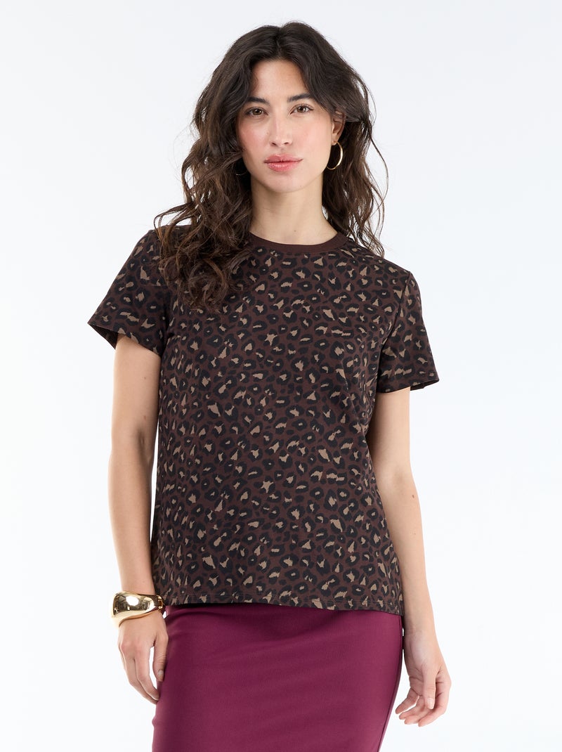 Bedrukt dames-T-shirt van katoen met ronde hals Bruin - Kiabi