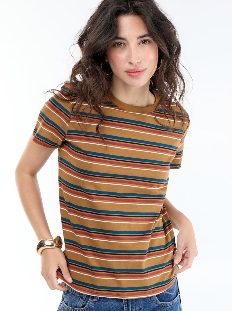 Bedrukt dames-T-shirt van katoen met ronde hals Bruin - Kiabi