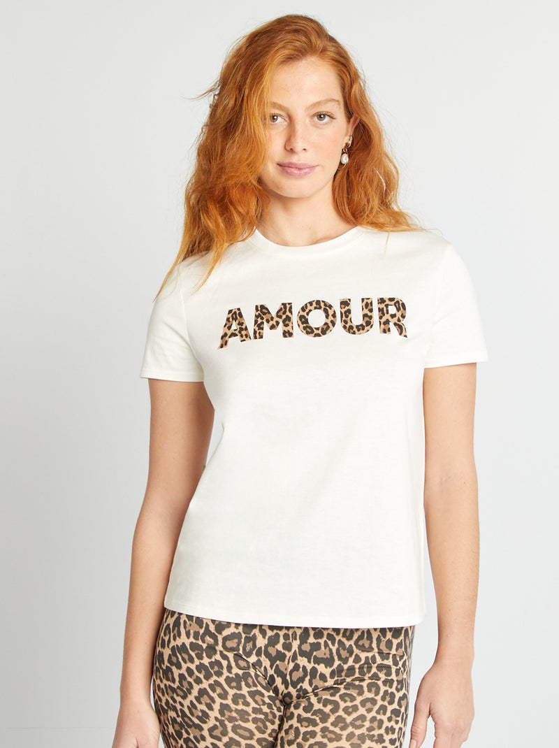 Bedrukt dames-T-shirt van katoen met ronde hals Ecru - Kiabi