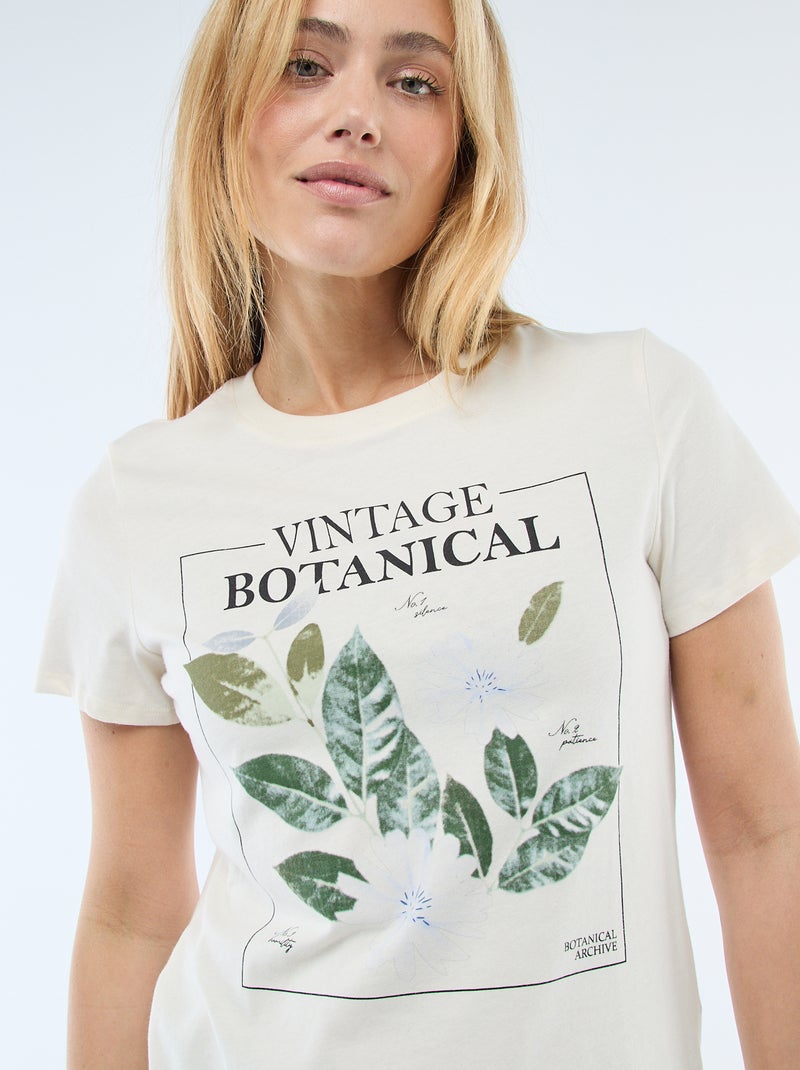 Bedrukt dames-T-shirt van katoen met ronde hals Ecru - Kiabi