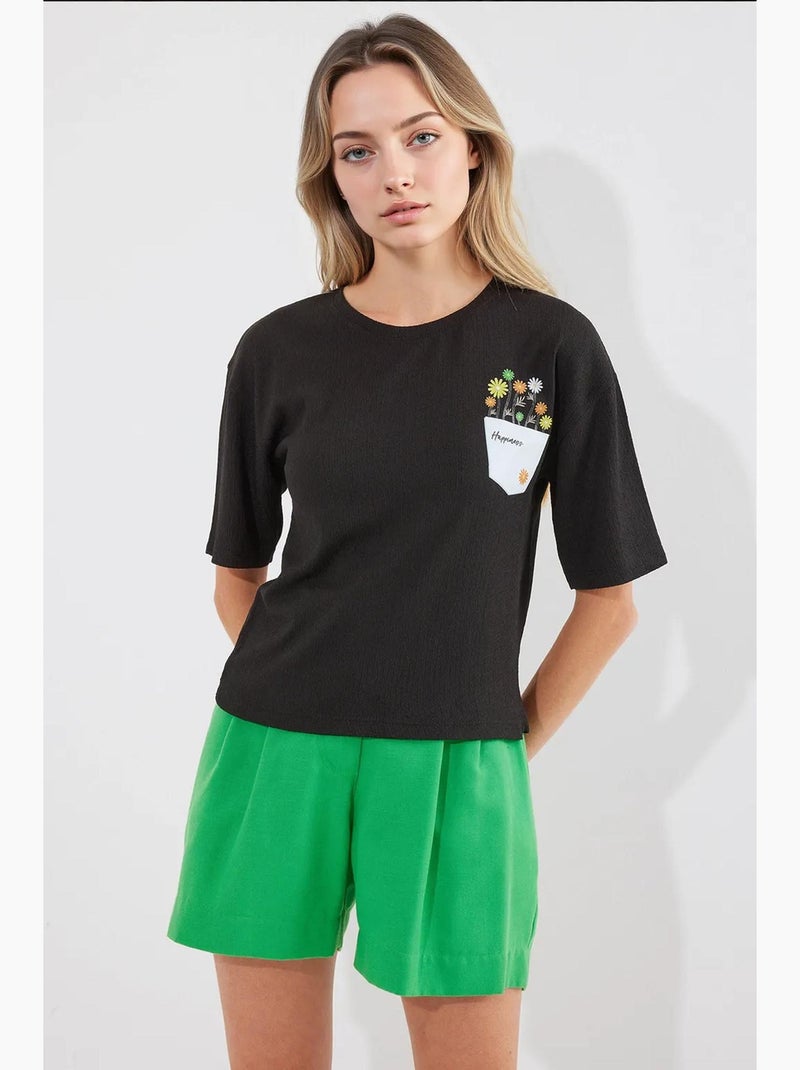 Bedrukt gebreid basic t-shirt bdart Zwart - Kiabi