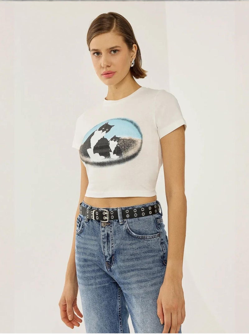 Bedrukt katoenen crop t-shirt hiccup Wit - Kiabi