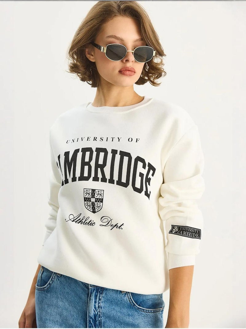 Bedrukte geribde sweatshirt met ronde hals lucci Wit - Kiabi