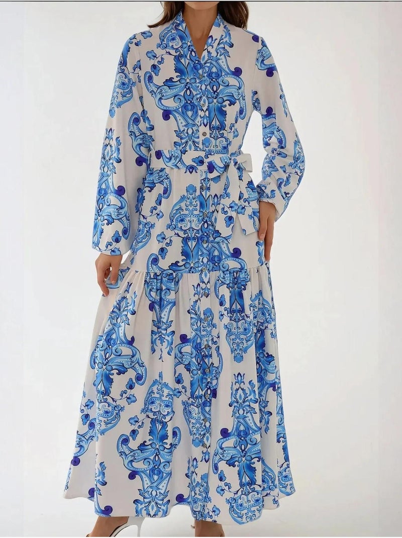 Bedrukte maxi-jurk met lange mouwen en riem Blauw - Kiabi