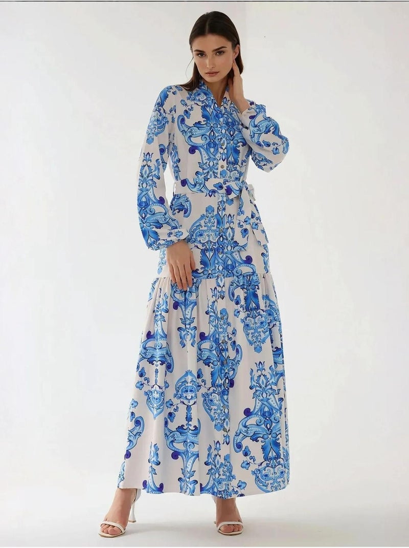 Bedrukte maxi-jurk met lange mouwen en riem Blauw - Kiabi