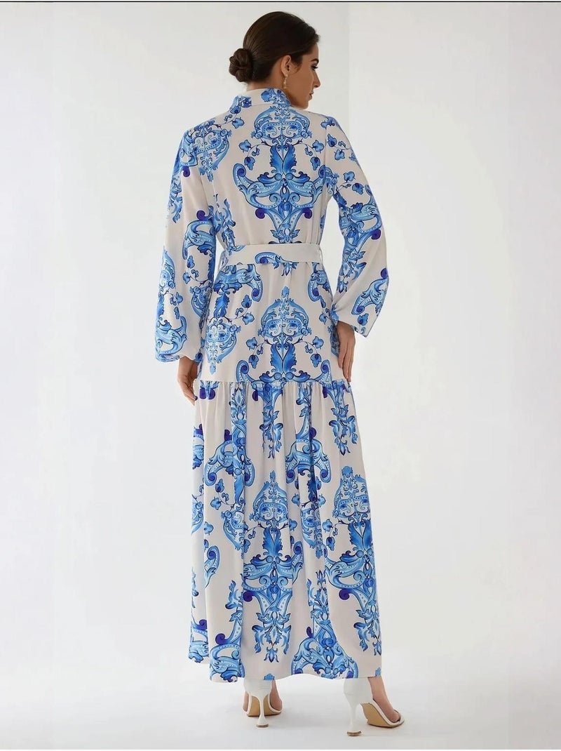 Bedrukte maxi-jurk met lange mouwen en riem Blauw - Kiabi