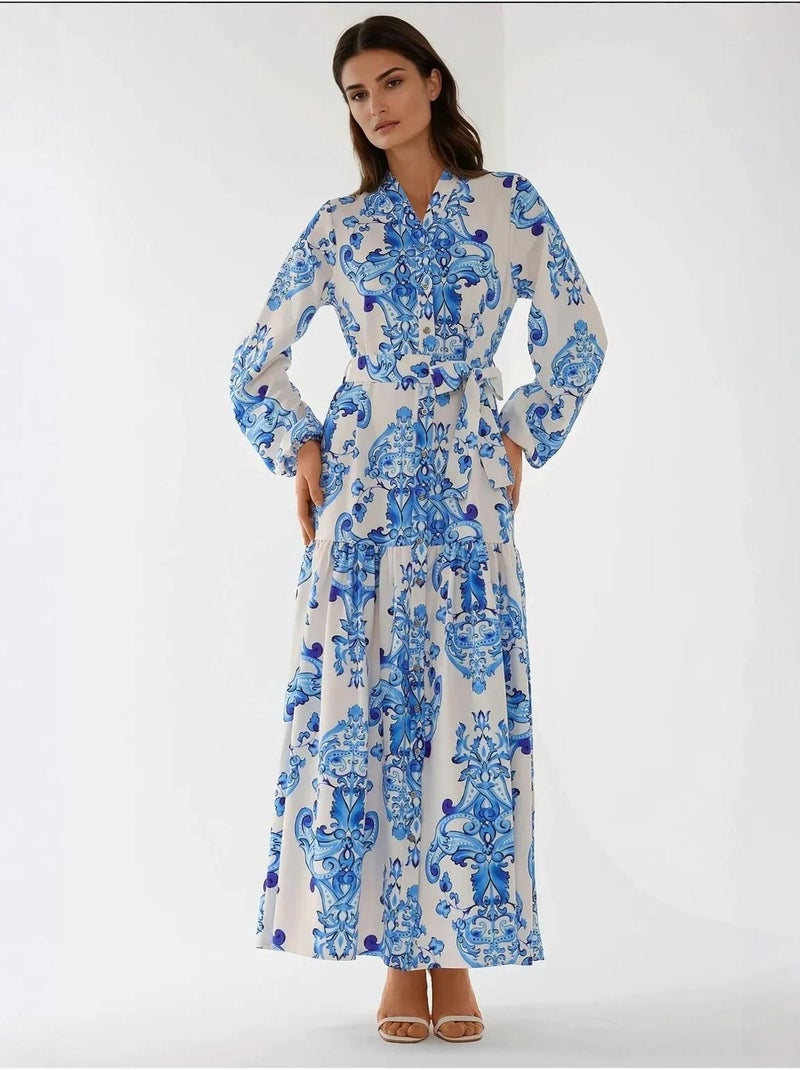 Bedrukte maxi-jurk met lange mouwen en riem Blauw - Kiabi