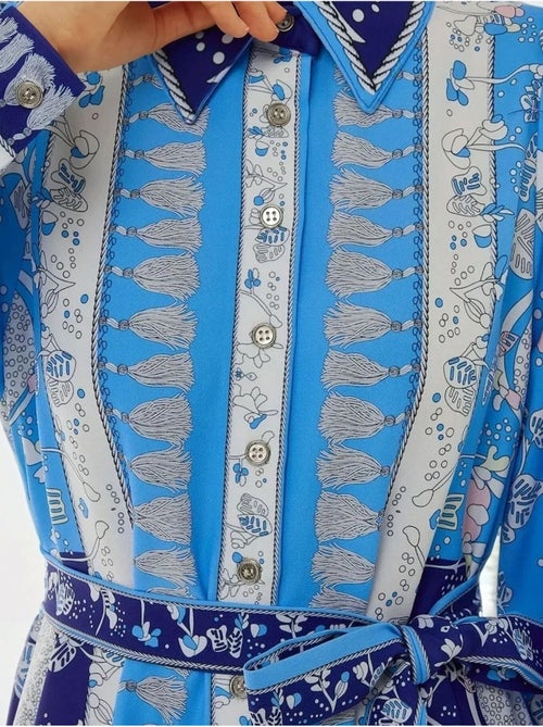 Bedrukte maxi-jurk met lange mouwen en riem - Kiabi