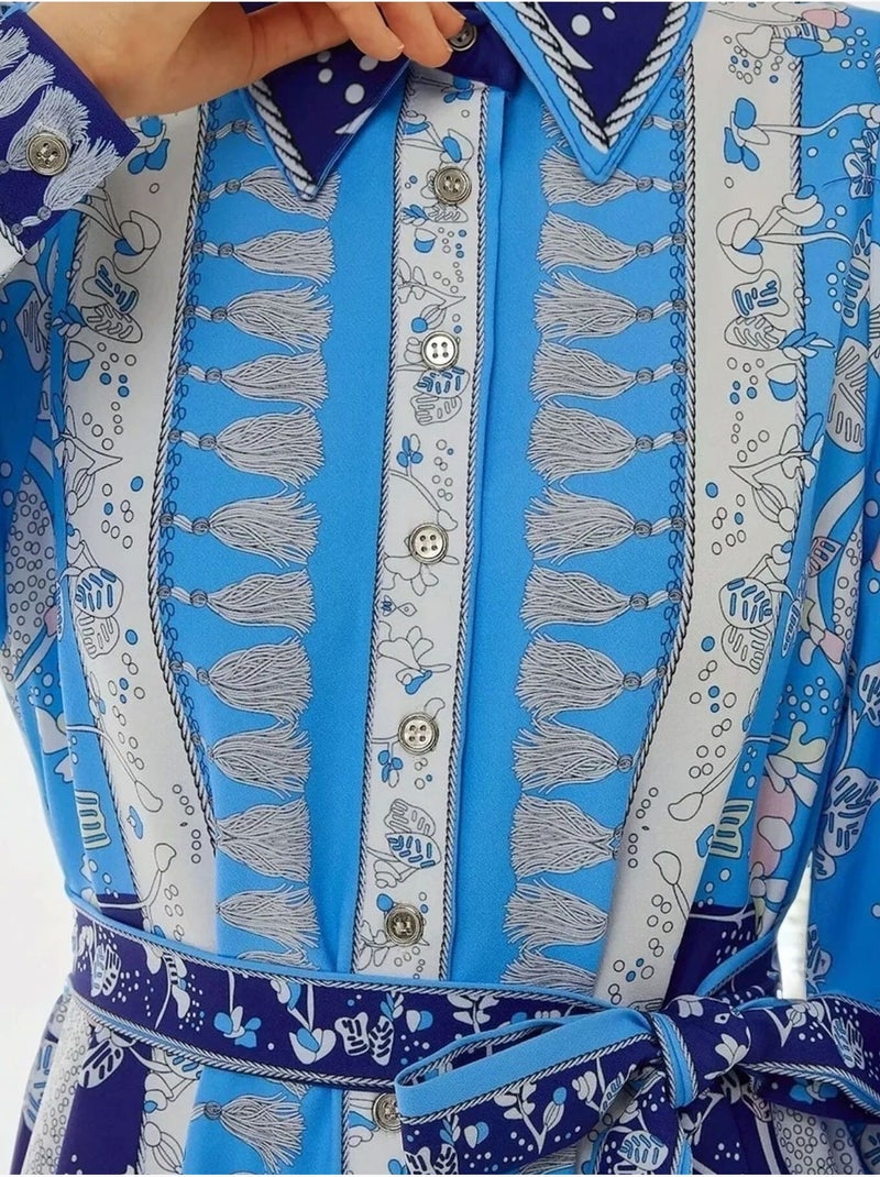 Bedrukte maxi-jurk met lange mouwen en riem Blauw - Kiabi