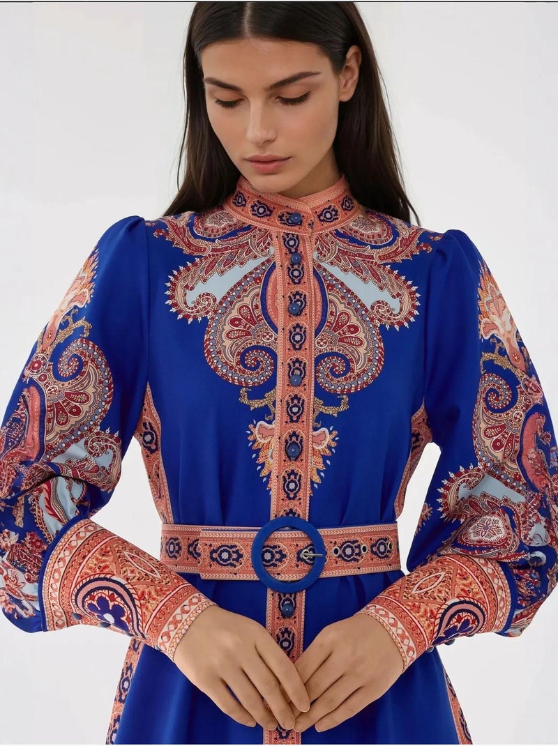 Bedrukte maxi-jurk met lange mouwen en riem Electrisch blauw - Kiabi